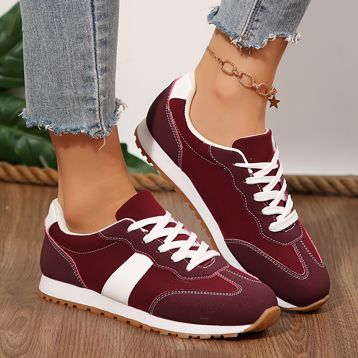 womens low top sneakers   round toe sneakers with arch support cushioned tpr sole synthetic cover upper burgundy white   white laces casual gym casual attire comfortable versatile all purpose shoes 2025 spring autumn   lace up closure breathable fabric lining insole durable tpr sole hand   clean   in burgundy white gym footwear sporty design lightweight construction supportive footwear women Product details 1