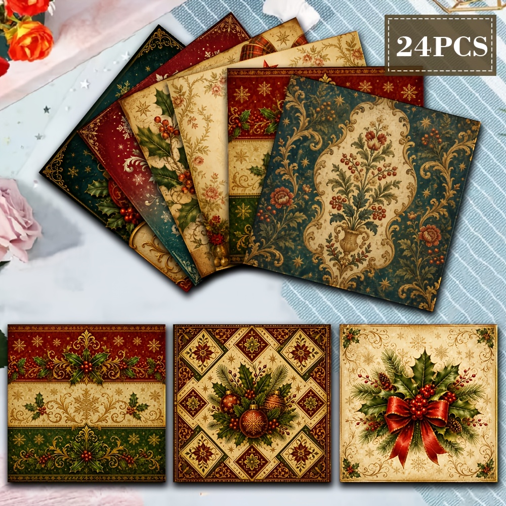 TEMU 24 Feuilles de Papier à de Noël Vintage de Style Européen, Carrés de 6 Pouces Répétition, avec de Houx, de Noël et de Neige. Convient pour Fonds