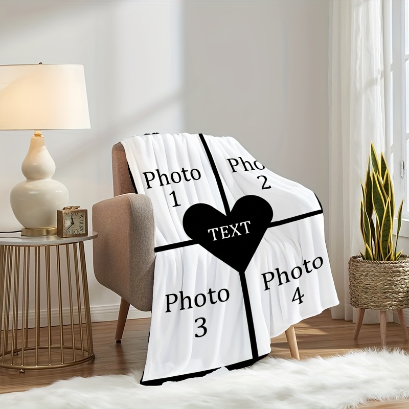 Personalized Photo Heart Pattern Flannel Blanket - Gift for Family