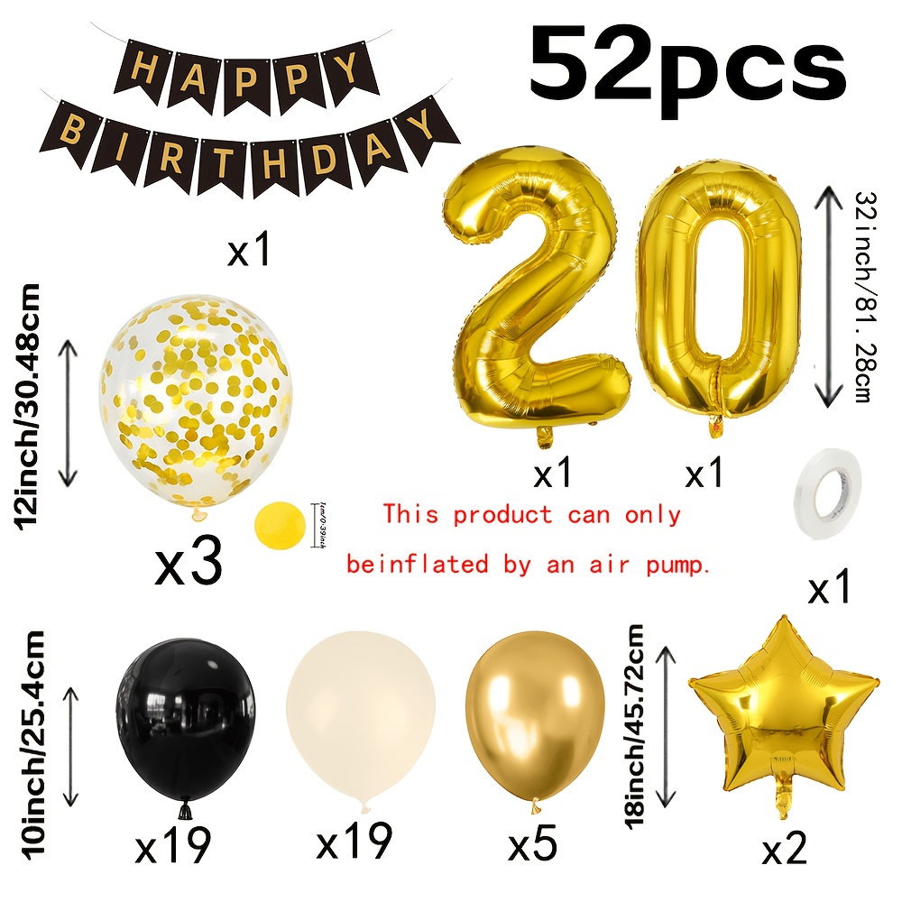 TEMU Kit de ballons de décoration pour 20e anniversaire avec 52 ballons à noirs et dorés. Kit de ballons d'anniversaire avec film numérique et