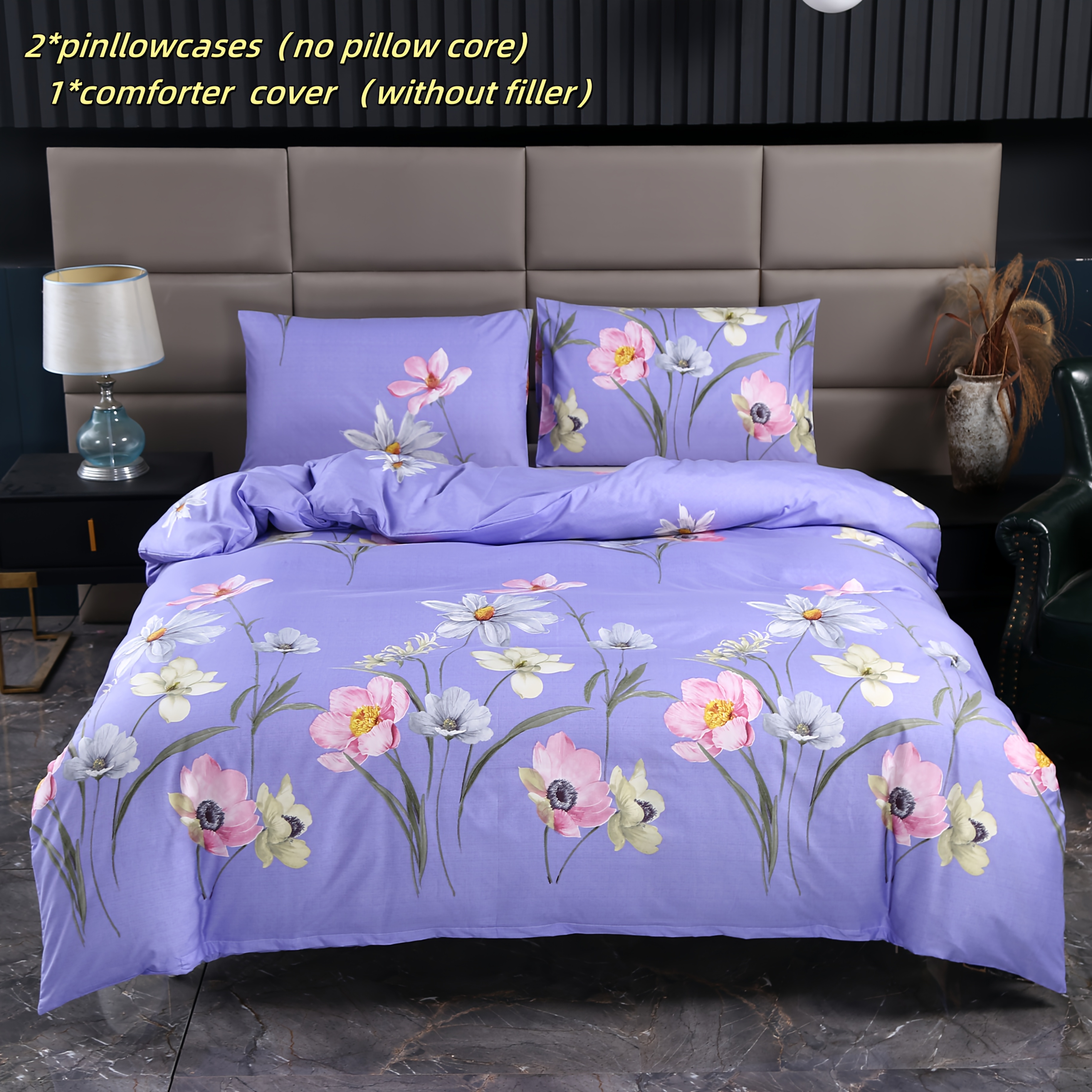 3pcs, Purple Large Floral Print Bedding (one Duvet Cover, 2 Pillowcases, Without Filling), Botanical Floral Print, Machine Washable, Suitable For , Soft And Comfortable
