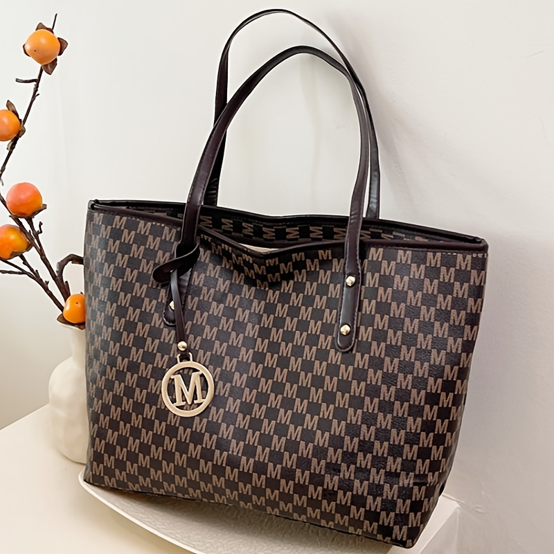 TEMU Women's Fashion Retro Style Size M Letter Print Large Capacity Shoulder Bag Tote Bag Random Cut Fabric Fixed Shoulder Strap Very Suitable For