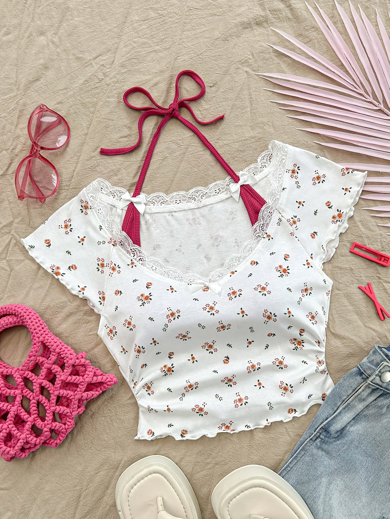 Women'S Vintage Red White Floral Lace Tank Top with Bow Detail Elegant  for Spring/Summer Outfit *wear Flor