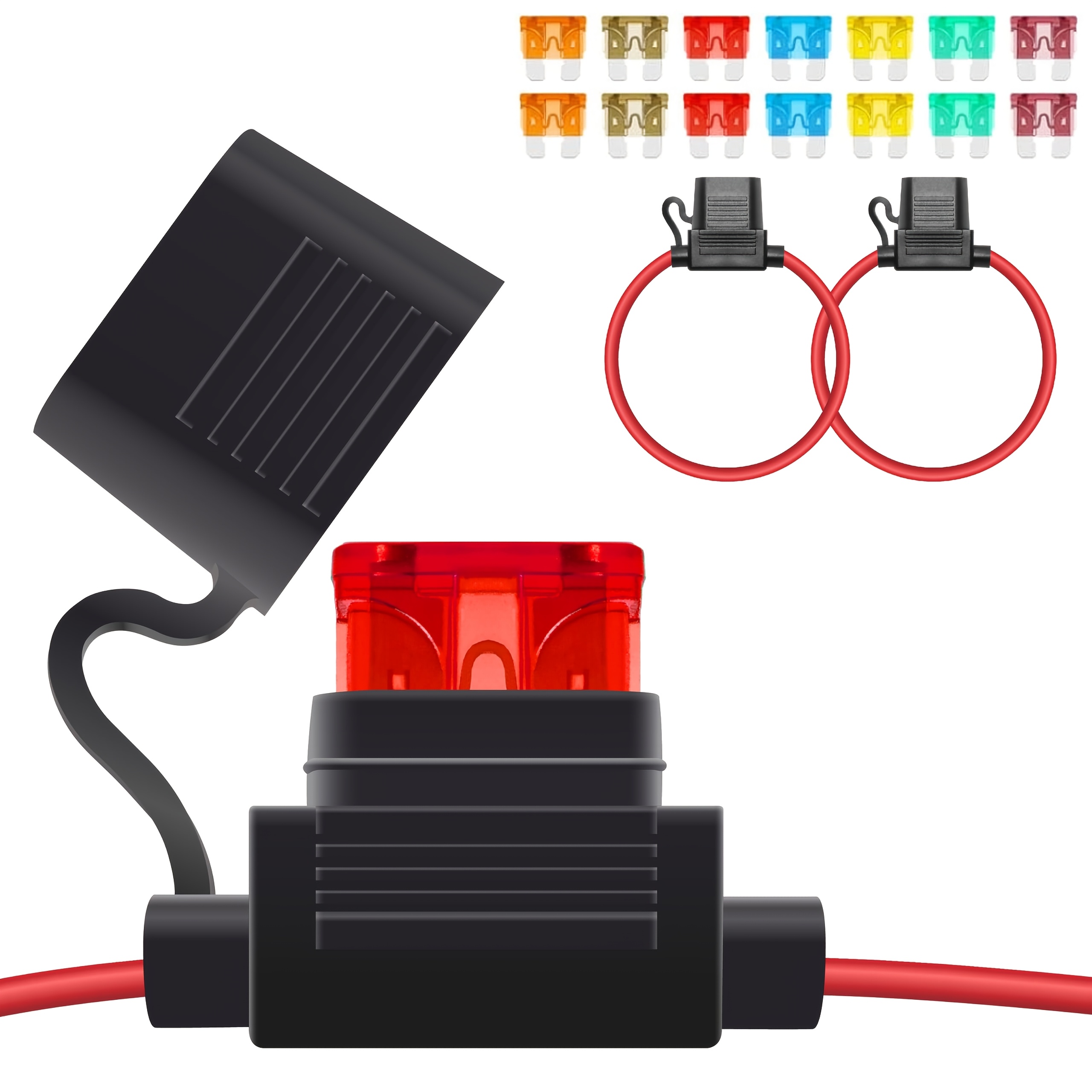 TEMU Lot de 2 supports de fusible en ligne 12AWG, support de fusible étanche avec 14 fusibles standard (2 de chaque : 5A, 7.5A, 10A, 15A, 20A, 30A,