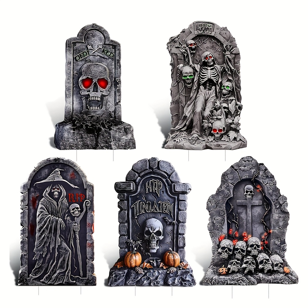 2d flat - 63.5 cm halloween outdoor decorations, 5pcs halloween cemetery tombstone yard signs with 10 metal stakes, large size horror skull rip tombstone yard lawn outdoor for home party (2d flat) 0