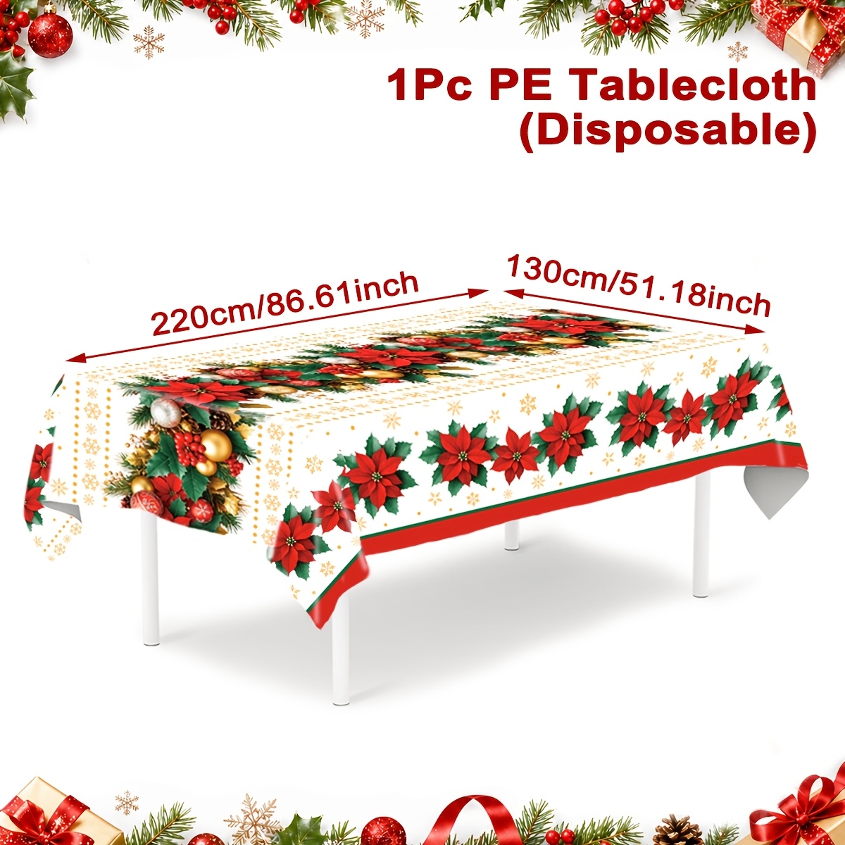 TEMU 1pc, Christmas Red Poinsettia Holly Golden Snowflake Print Tablecloth, 220*130cm, Merry Christmas Party Decorations For Home, , Happy New Year