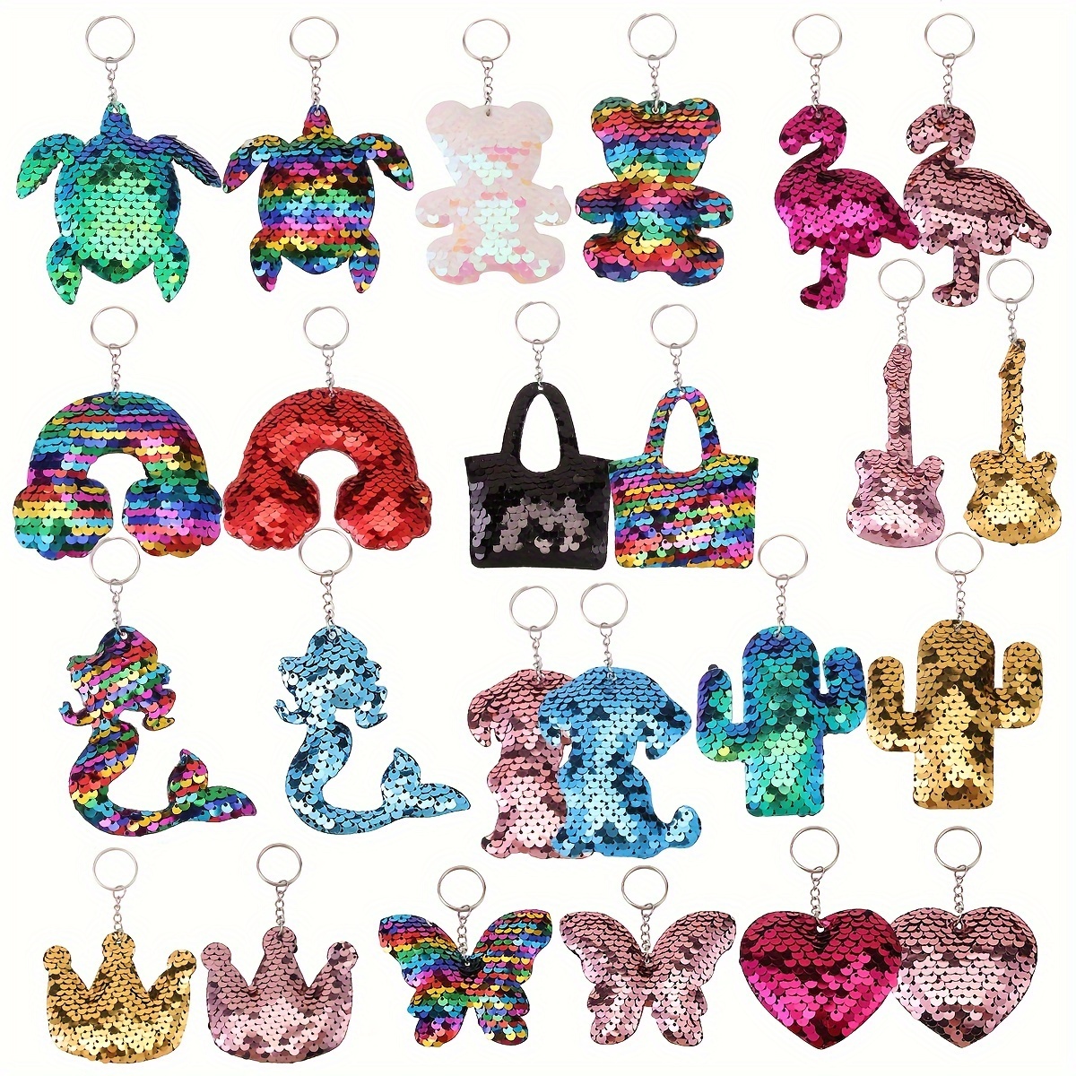 TEMU 25pcs Sequin Keychains Set, Assorted Cartoon Shapes With Ring , Metal Key Rings For Party Favors, Homecoming, Birthday, Easter, Valentine's Gifts - Tropical, Mermaid, , Heart Designs