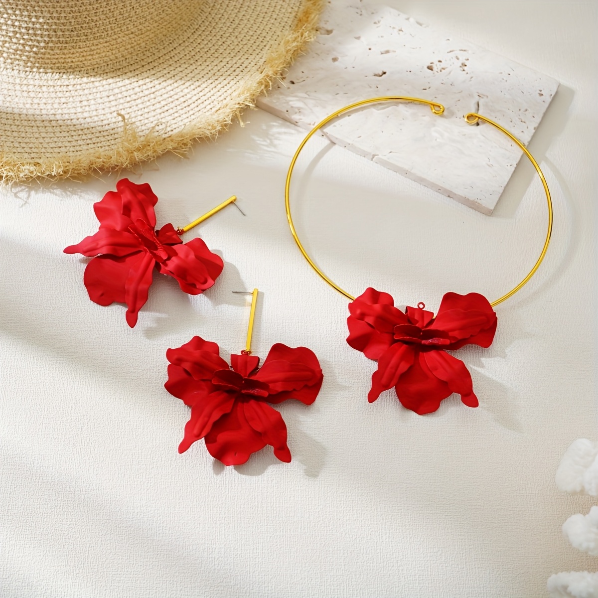 Boho Red Flower Earrings & Necklace