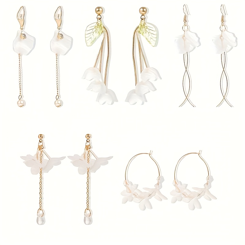TEMU Conjunto de 5 pendientes colgantes florales con diseño de transparentes, elegantes y versátiles para salidas , fiestas y atuendos Hanfu,
