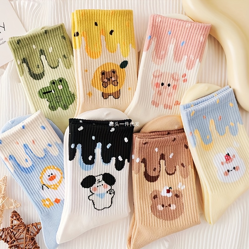 Image of 7 Pairs Women's Mid-calf Socks - Cute Animal Cartoon Designs, Assortment, Breathable & Odor-resistant, Soft Pastel Colors For Everyday Casual Wear, Cute Socks, Breathable Fabric
