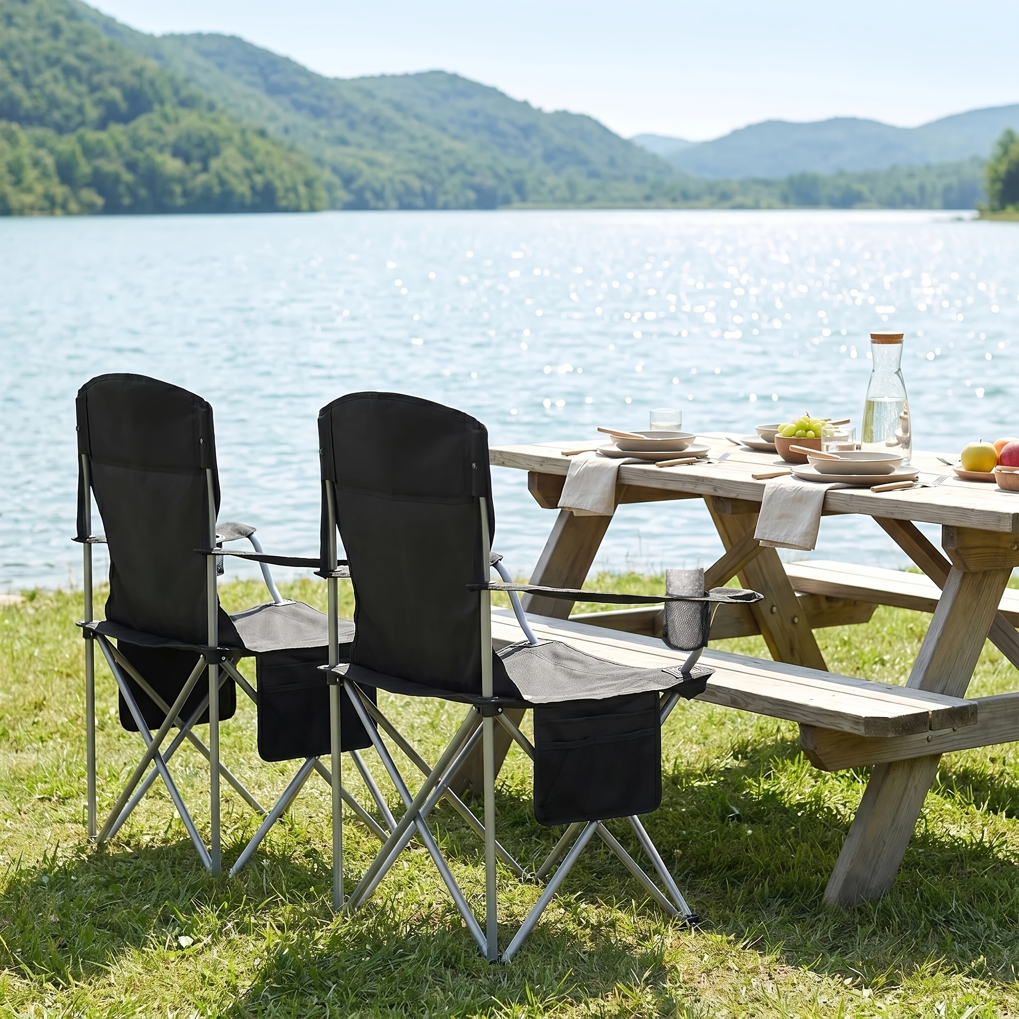 Foldable Camping Chairs, 2-Pack with Armrests and Cup Holder