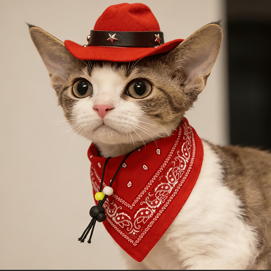 TEMU Cowboy Pet Hat & Bandana Set, Style Pet Costume With Star Decor, Adjustable Headwear Scarf For Small Pets, Photo Props For Halloween Birthday