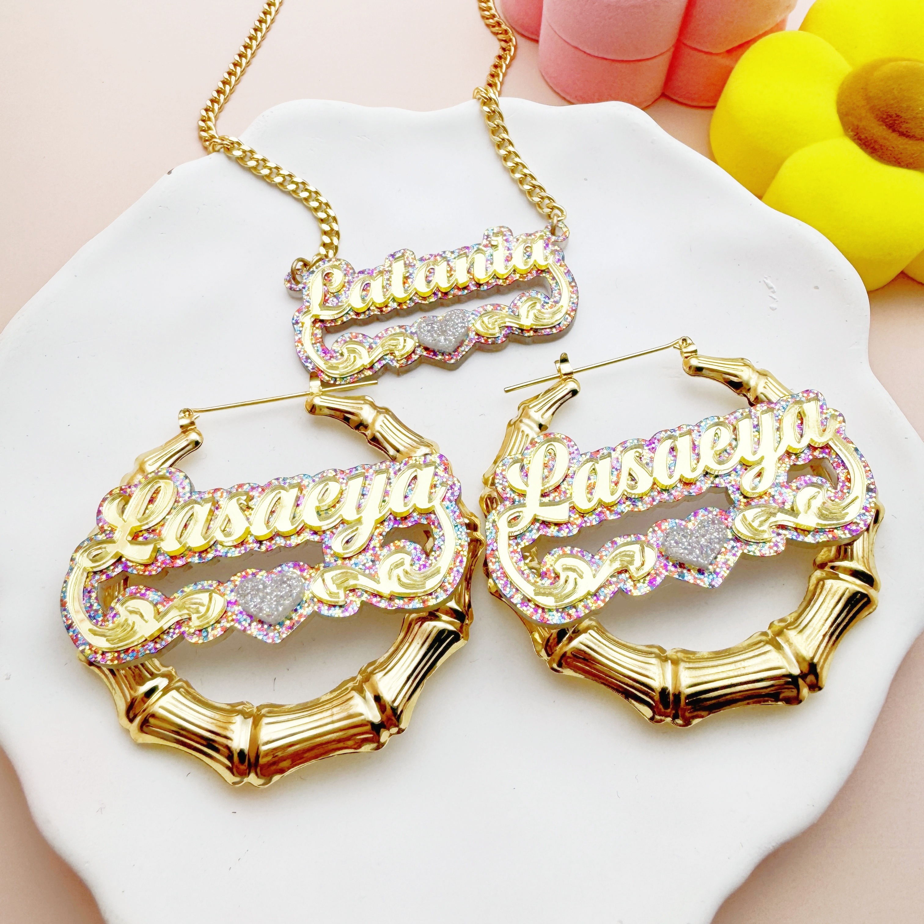 

2pcs Set Of Personalized Y2k Diy Customizable English Double- Plaque Necklace/earring Jewelry Set Suitable Women's