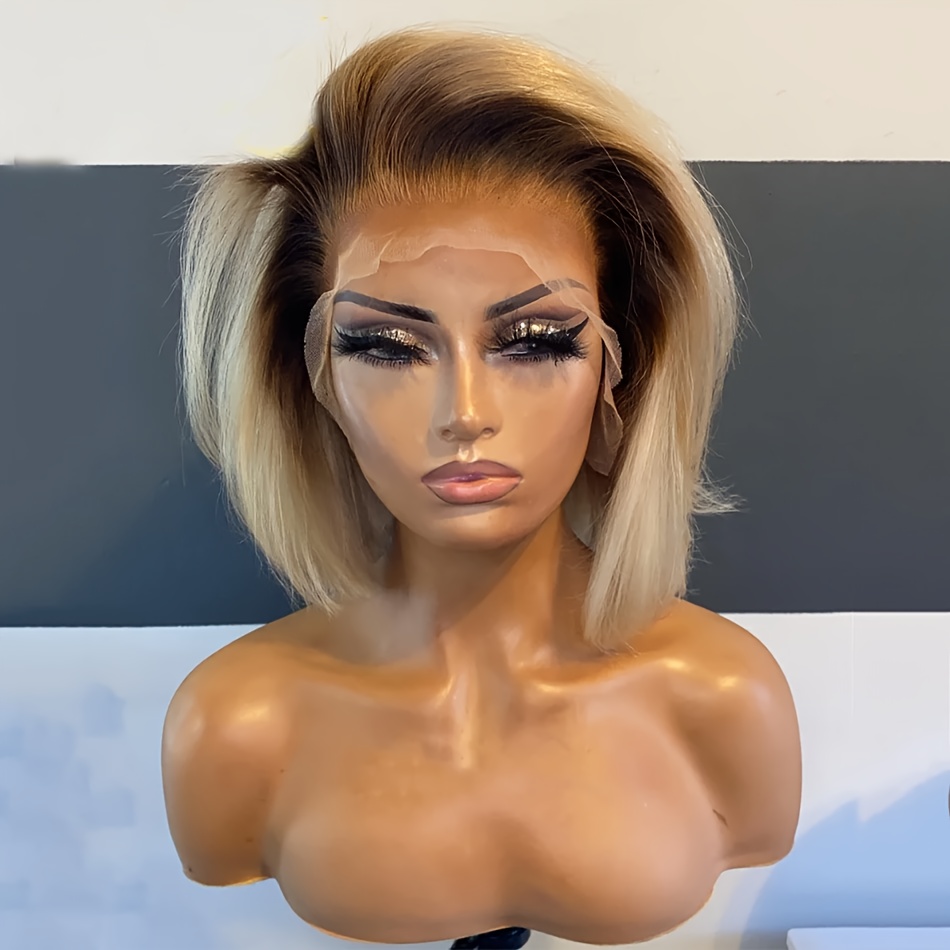 Image of A 14-inch Soft Ombre Blonde Straight Wig With 180 Density, Featuring A 13x4x1 Lace Front And A Pre-plucked Hairline, Ideal For Everyday Use By Women