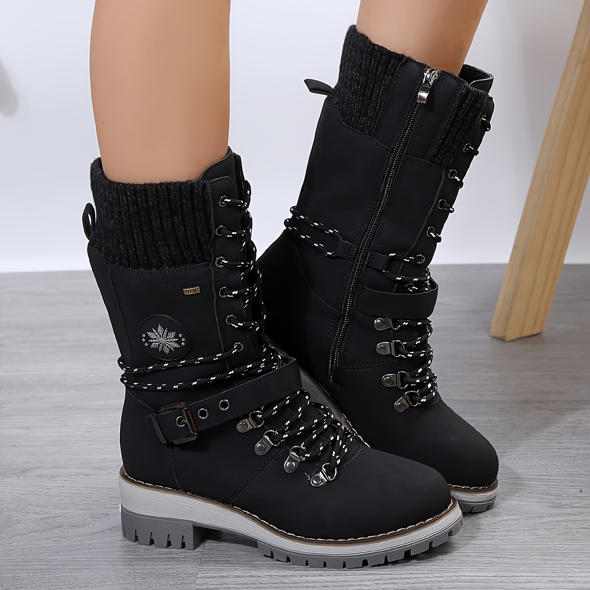 Image of 2025 Autumn/winter New Women's Mouth Knight Boots Flat Round Toe Mid-calf Boots Women's Casual Fashion Outdoor Sports Warm Anti-slip Women's Boots, Women Shoes