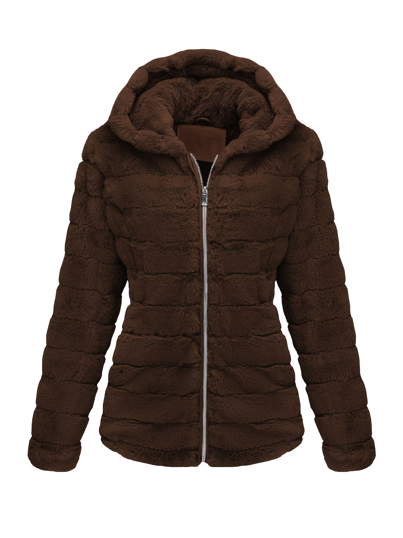 womens fall winter   fur hooded jacket polyester solid color knit fabric outerwear with zipper and polyester lining
