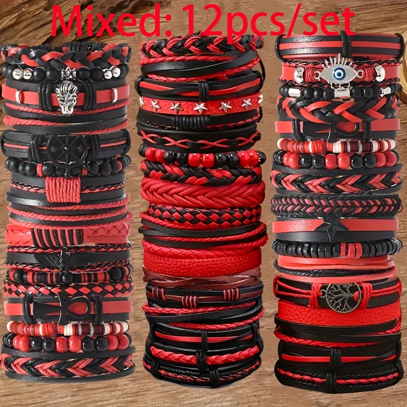 12/24pcs Bohemian Vintage Pu Synthetic Leather Bracelet - Unique Red And Black , Alloy Charm, Gift, Unisex, For Teenager