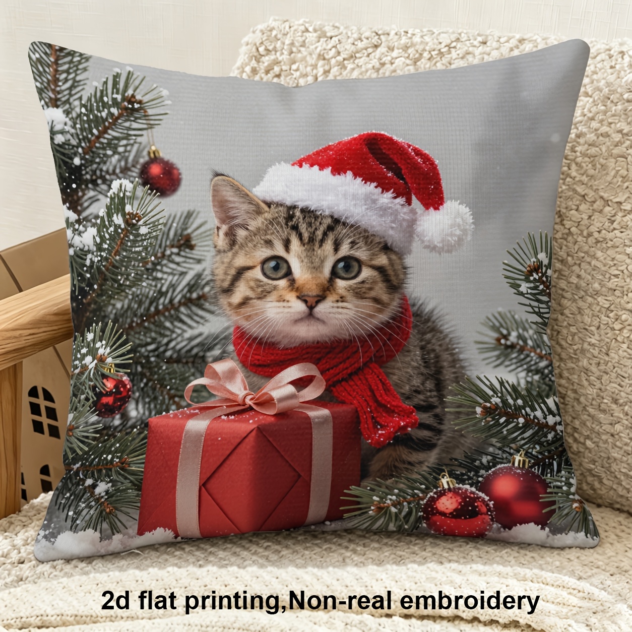 TEMU 2d Flat Printing, 1pc, Christmas, Kitten In Santa Hat With Christmas Gift, Pillow Cover, Double-sided Printing, Polyester, Very Suitable For