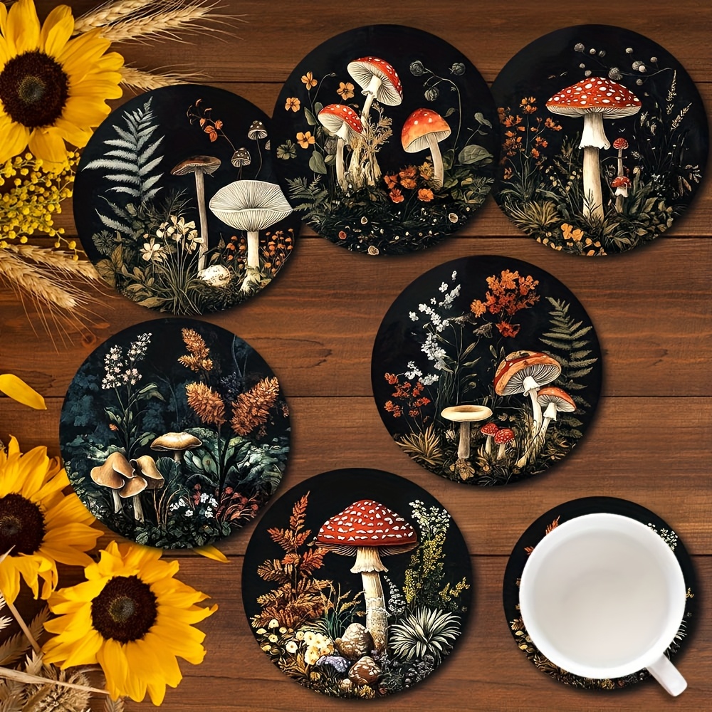 

6-pack Mushroom Art Design Coasters, 2d Printed Wooden Cup Mats With Cork Backing, Polyester, Ideal For Home, Bar, Restaurant Decor, Christmas, Easter, Hanukkah, Thanksgiving, 's Day