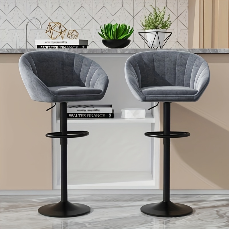 Image of And Swivel Adjustable Stools 2-pack Grey Seat Cushion Black Metal Legs With Backrest Modern Industrial Island Chair Combination