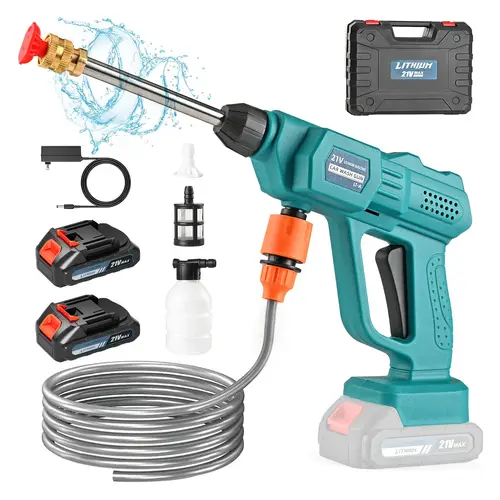 portable cordless high pressure car wash machine cordless car wash machine 1500mah battery powered with 2 batteries 6 in 1 nozzle 5 meter hose portable high pressure cleaning machine for car fence floor cleaning and watering great gift