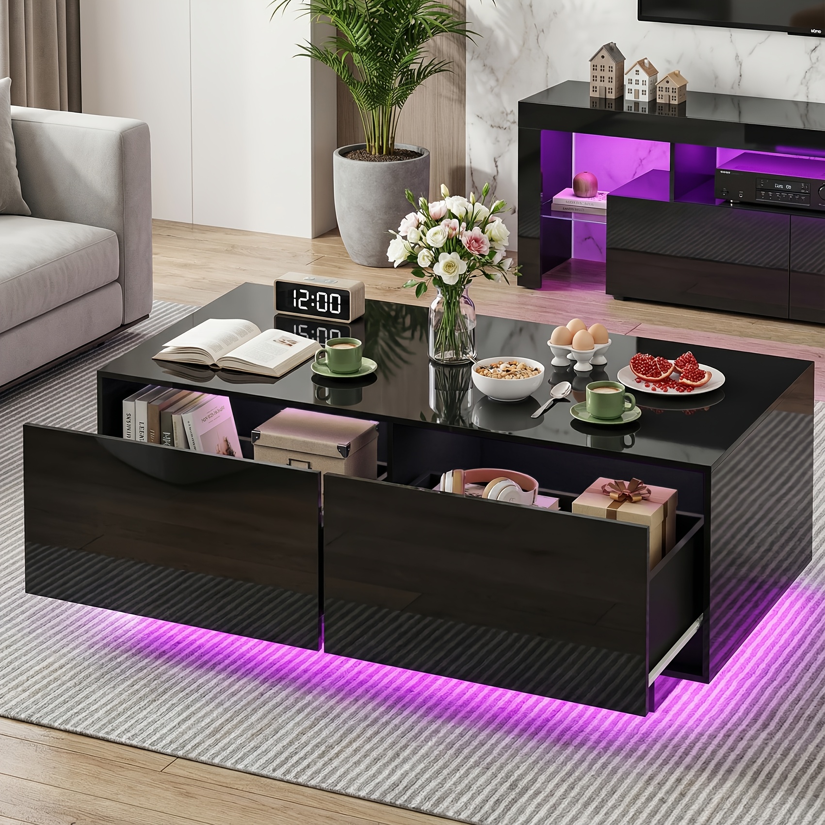 High Gloss Coffee Table, Living Room Table With Led Lighting, Coffee Table With 2 Drawers And Open Compartment