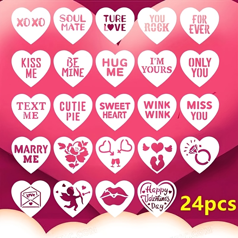 

24pcs Valentine's Day Heart Stencils Set, Reusable Plastic Love & Themed Templates For Diy Crafts, Scrapbooking, Greeting Cards, Wedding Anniversary Decorations