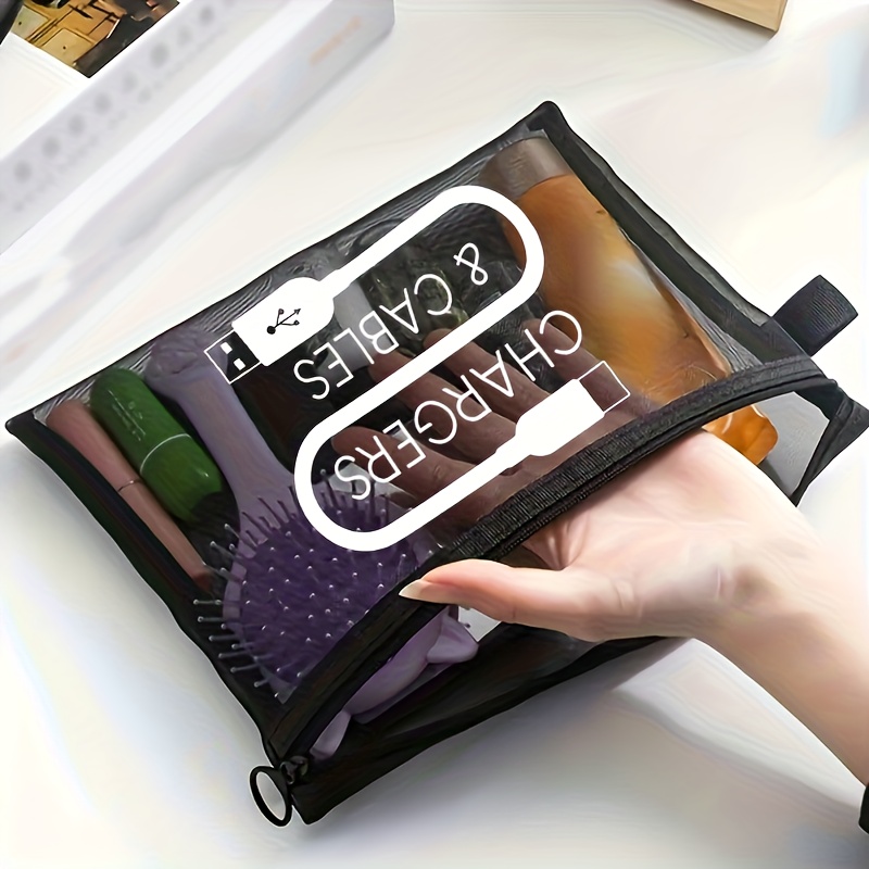 Large Capacity Nylon Makeup Bag with Charger Cable Print - Portable Travel Toiletry Organizer, Ins-Style Layered Cosmetic Pouch for Daily Storage, Portable Organizer|Layered Design|Durable Zipper Closure, Travel Cosmetic Bag