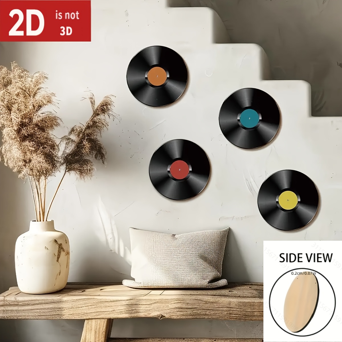 TEMU 2d Flat, 4pcs Record Wall Art - And Wooden Round Decor With Colorful Labels, Perfect For Home, Garage, Cafe, Or Restaurant, Indoor Wall Hanging,