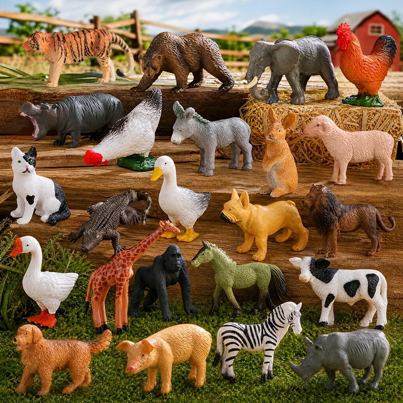 Image of 24pcs Realistic Animal Figures Set, 12 Wild Animals & 12 Farm Livestock Figurines, Includes Animal Models Such As , Tigers, Elephants, Giraffes, Cows, Sheep, Dogs, And More. Playset Gift For Kids And