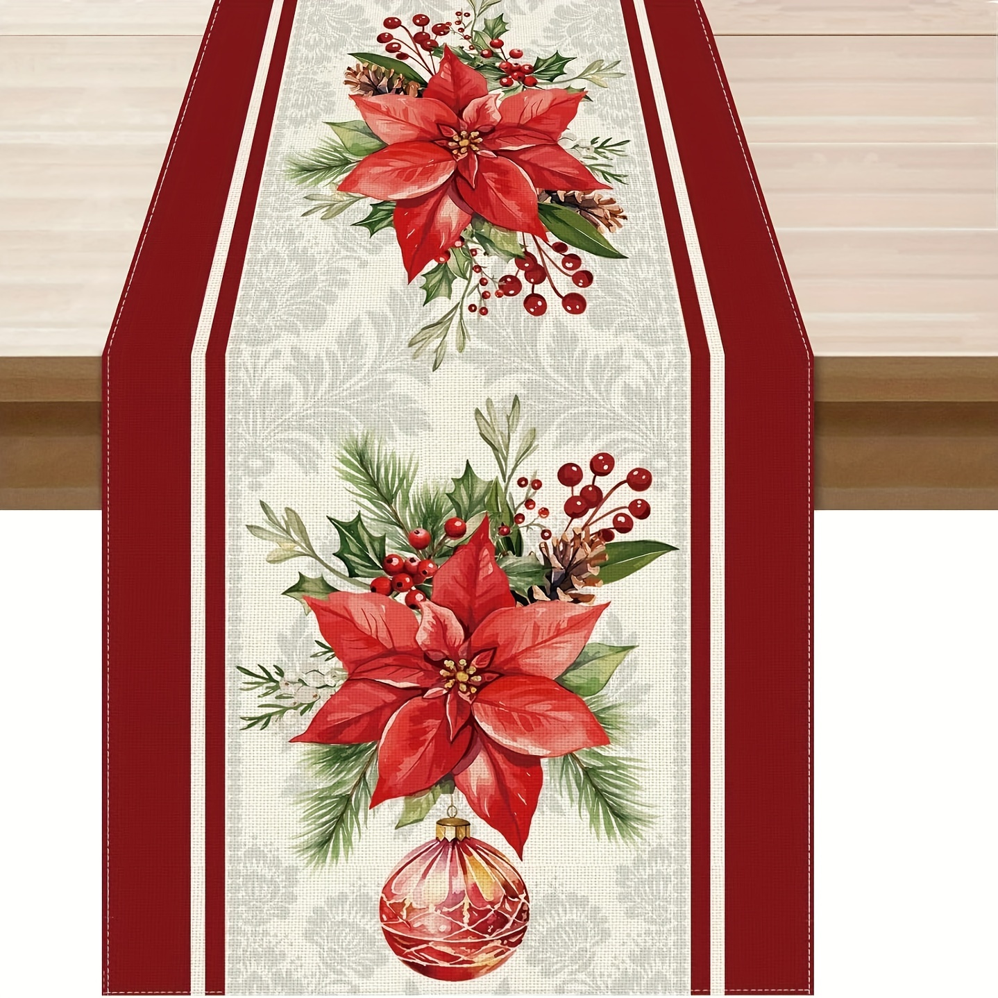 

Christmas Table Runner With Poinsettia And Ornament Design - 100% Linen Rectangular Decoration, Woven Burlap Runner For Home, Kitchen, Dining Decor - In 13x48, 13x72, 13x108 Inches - Jit, 1pc