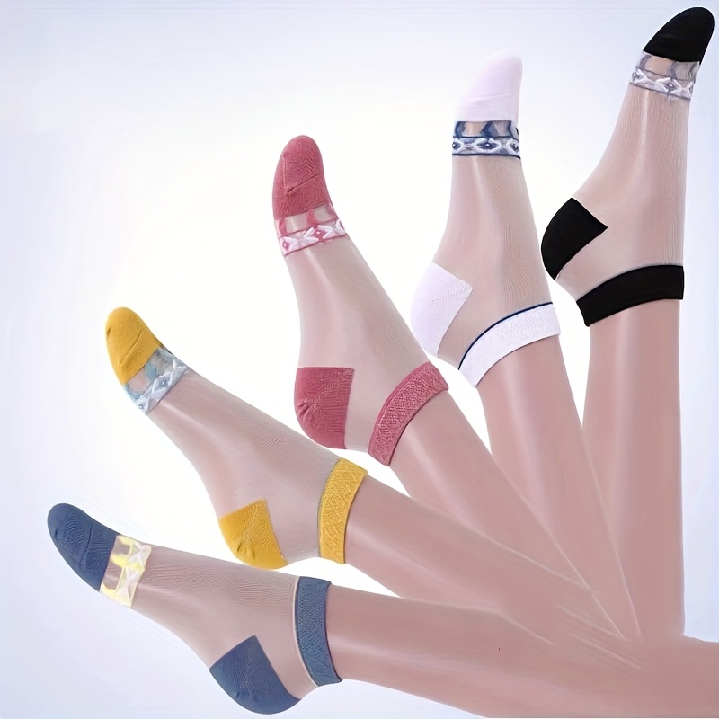 E-shop 5 Paar/Packung Damen Frühling Sommer Neue Bootssocken, Transparente Kristallsocken Atmungsaktiv Dünne Unsichtbare Kurze Socken