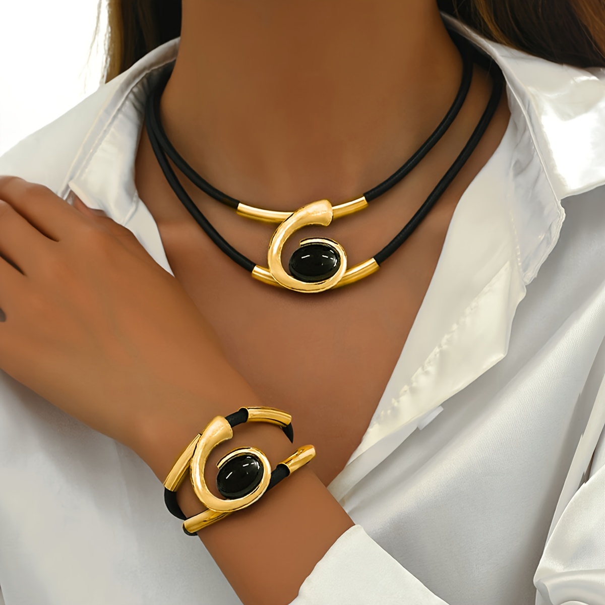 

[trending] Elegant Boho-chic Golden & Black Acrylic Gemstone Jewelry Set - Spiral Pendant Necklace And Bracelet Combo For Women, Or Party