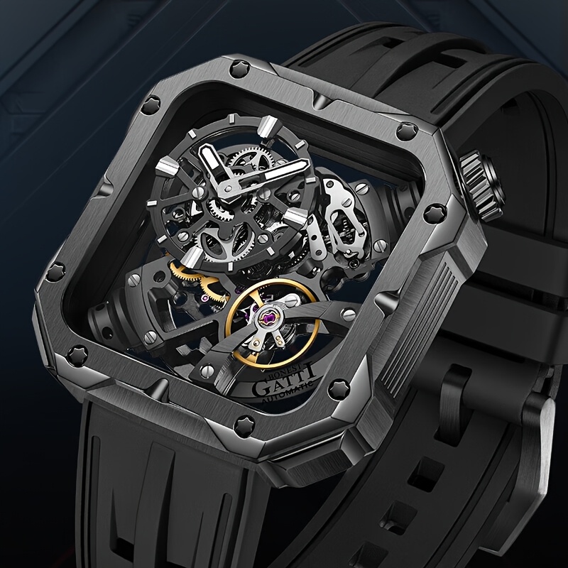 Men's Classic Square Skeleton Mechanical Watch with Fluoroelastomer Strap