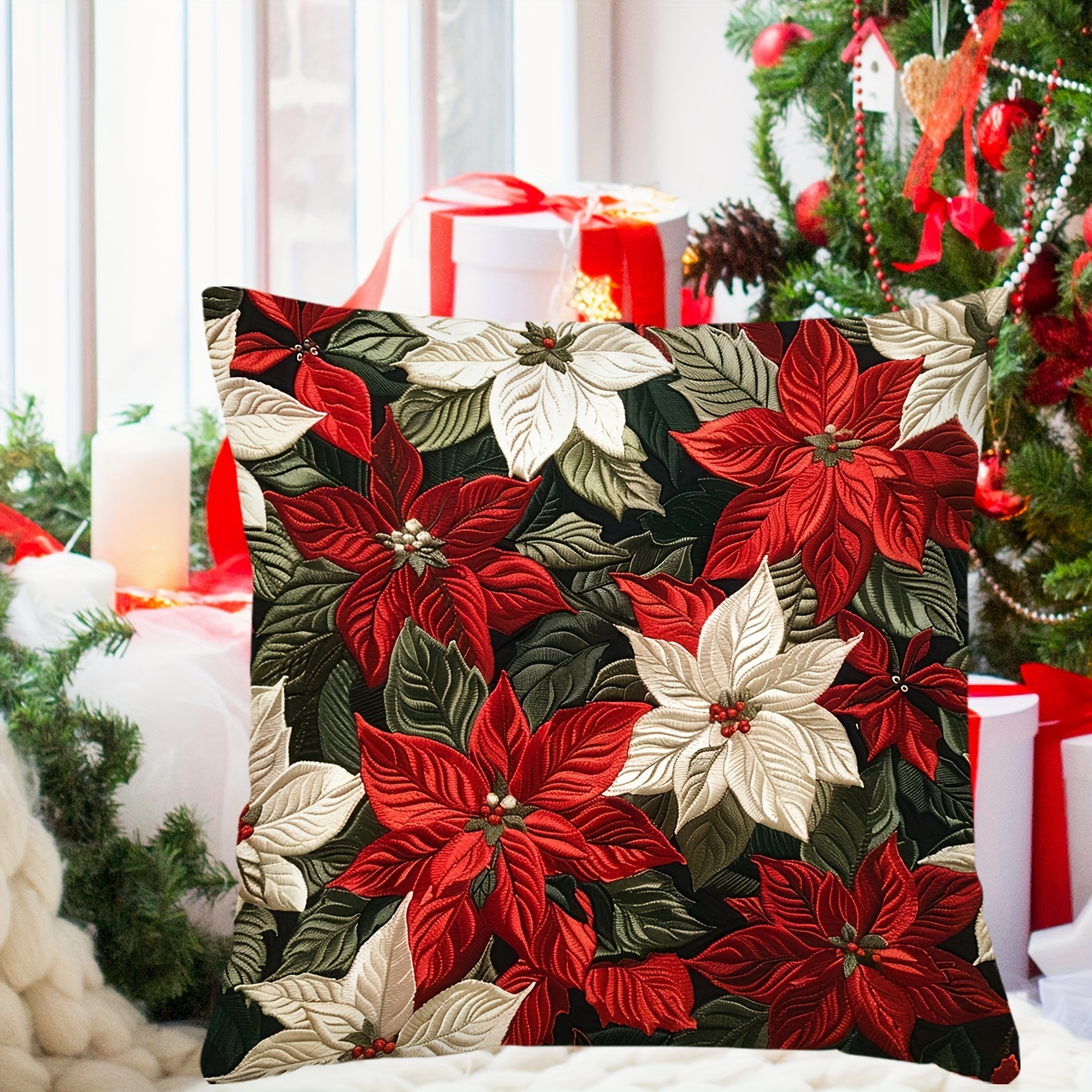 

1pc Contemporary Christmas Poinsettia Pillow Cover, 17.7"x17.7", Polyester, Zippered, Woven, Decorative Throw Pillowcase For Various Room Types, Digital Printed, Hand Wash - No Insert