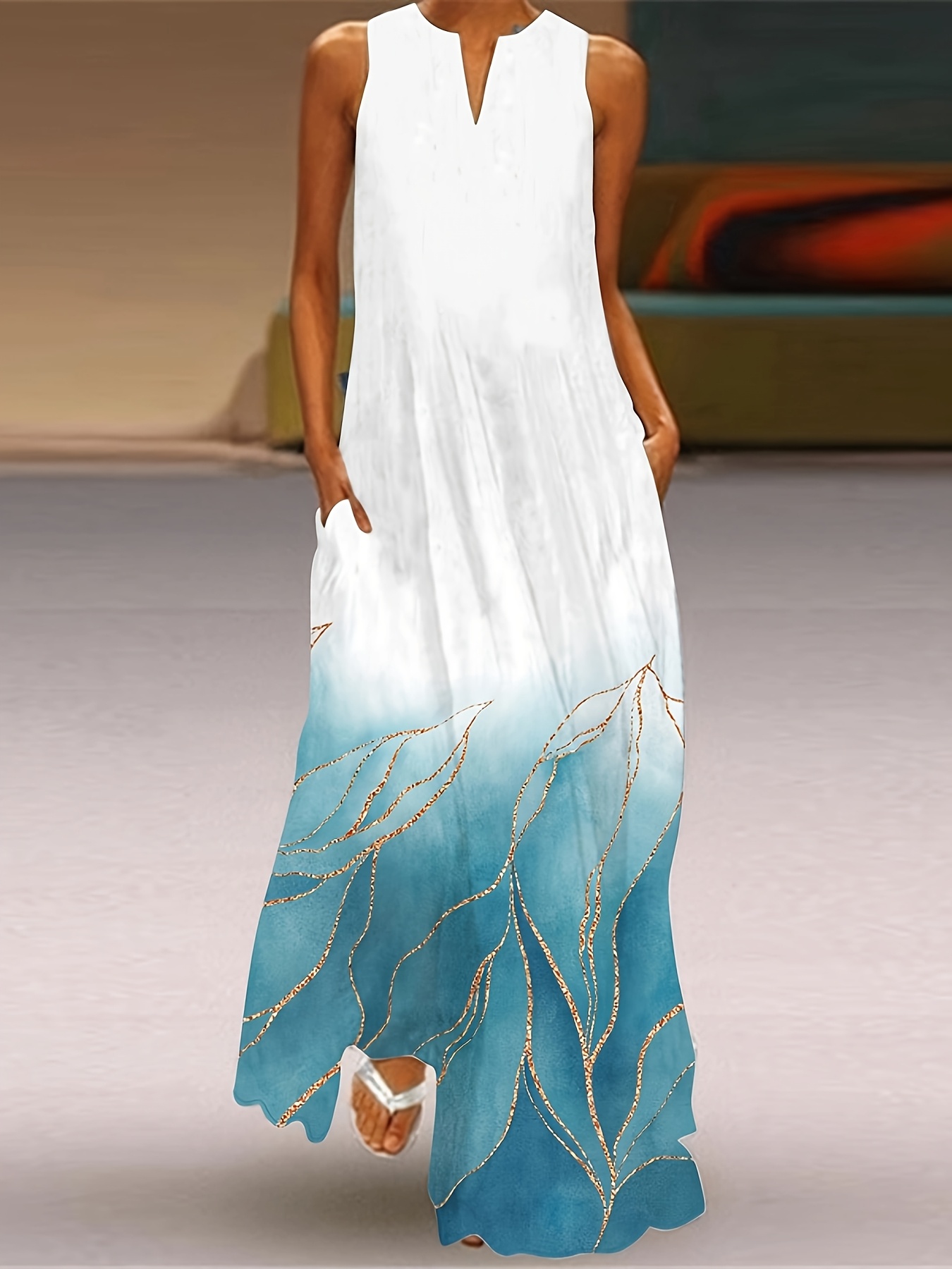 robe longue manches à col imprimé feuille Temu Belgium