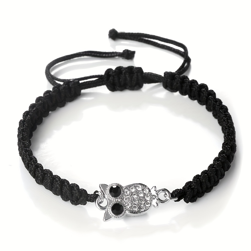 Image of Chic Adjustable Owl Bracelet With Sparkling Rhinestones - Nylon Woven Hand Rope, Perfect For Casual Attire & Gifts, For Spring