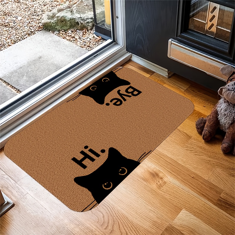 1pc Floor Mat With "hi" And "bye" Text, Cat-designed Floor Mat - Cute Black Cat Face, Indoor/outdoor Floor Mat, For Laundry, Kitchen - Washable And Easy To Clean, Decoration, Cat Mat, Suitable For