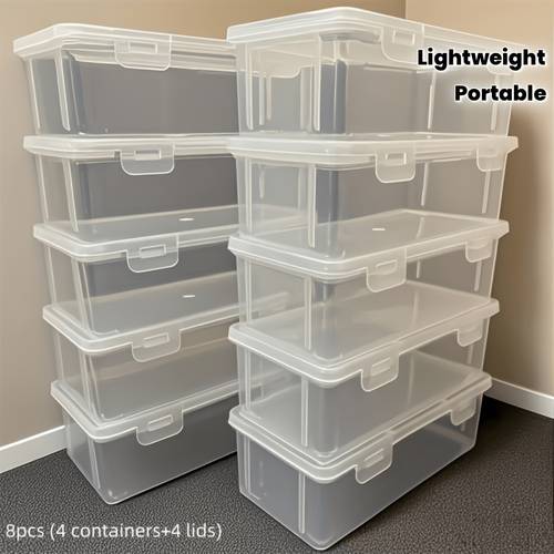 8 pack 4 containers 4 lids large clear storage boxes with lids heavy duty organizer bins suitable for office gift wrapping stackable containers lightweight and portable with lid design for home organization and storage