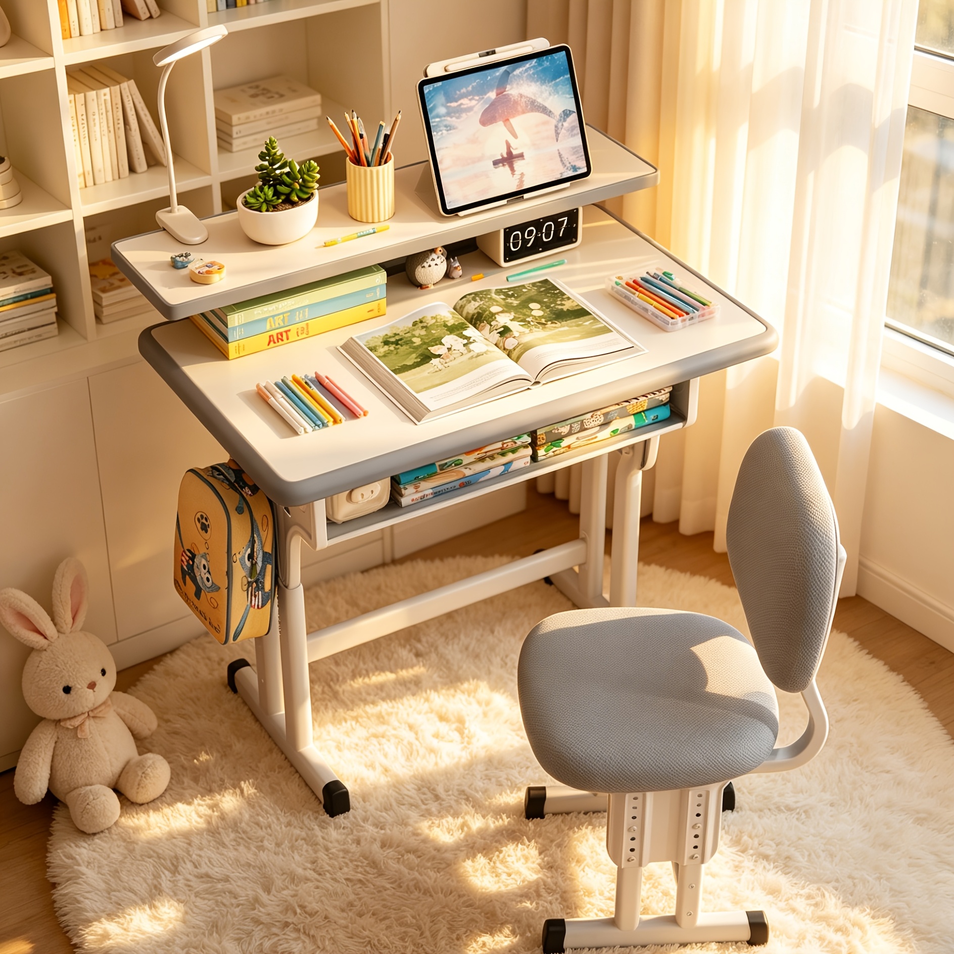 Adjustable Kids Study Desk & Chair Set, Ergonomic Curved Back Spine Protection, Height Adjustable, Wipeable Desktop, Detachable Reading Stand, Eye-Caring LED Lamp, Multiple Colors, Ideal For 3-18 Years Old Kids Home School Study & Daily Use
