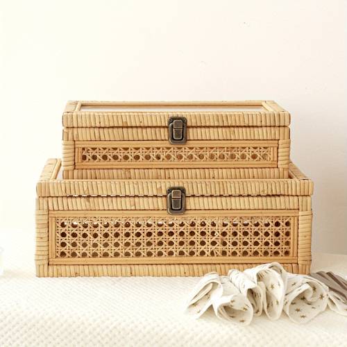 rattan and cane stacking boxes with glass top lid set of 2 for boho and rustic farmhouse decor