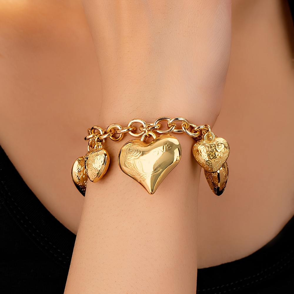 

Vintage Golden-tone Heart & Rose Charm Bracelet - Vintage Style Iron Jewelry With Engraved , Valentine’s Day Gifts And Casual Attire, Accessory | Love Themed Accessory | Iron, Wedding Jewelry