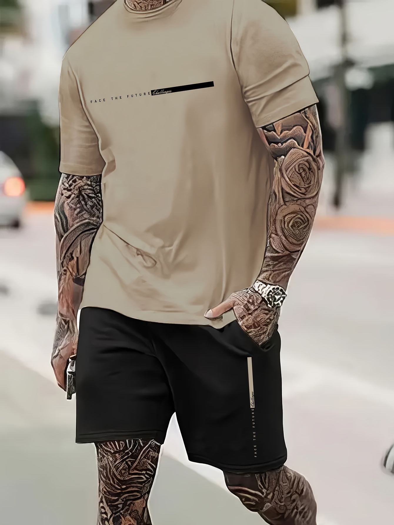 paris pattern print short sleeve round neck t shirt jogger shorts set summer 2pcs comfy outfits for men details 10