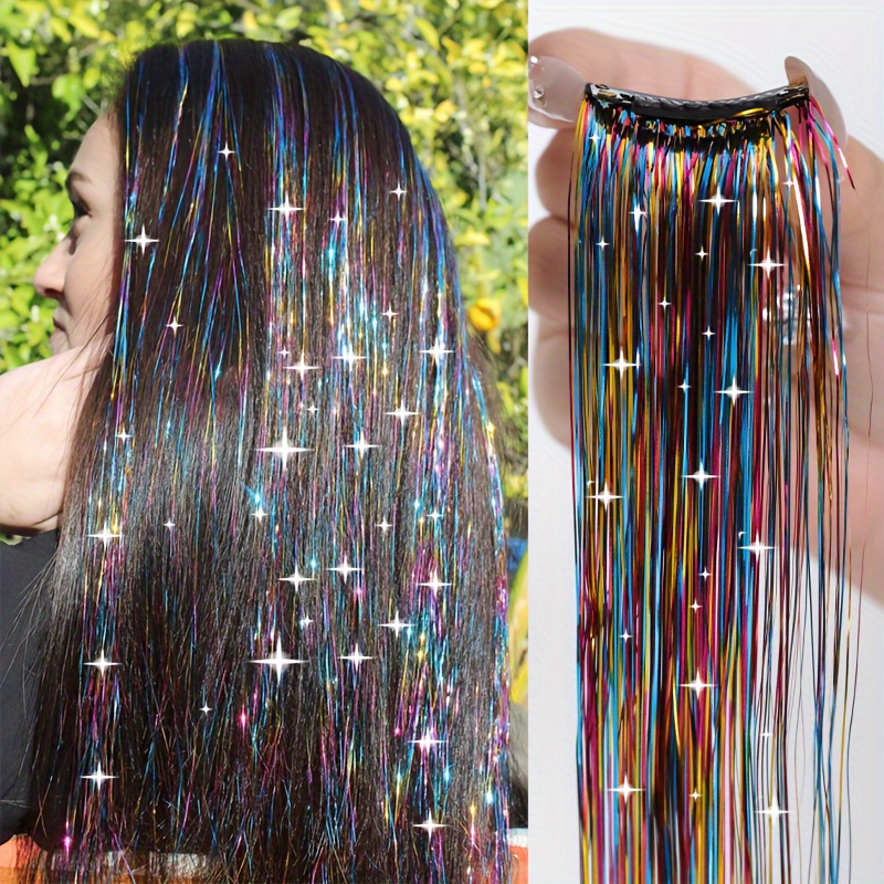 

1 Set Sparkling Inch Clip-in Tinsel Hair Strands, Glitter Synthetic Fiber Extensions For All Hair Types, Women's Cosplay & Party Hair Accessories