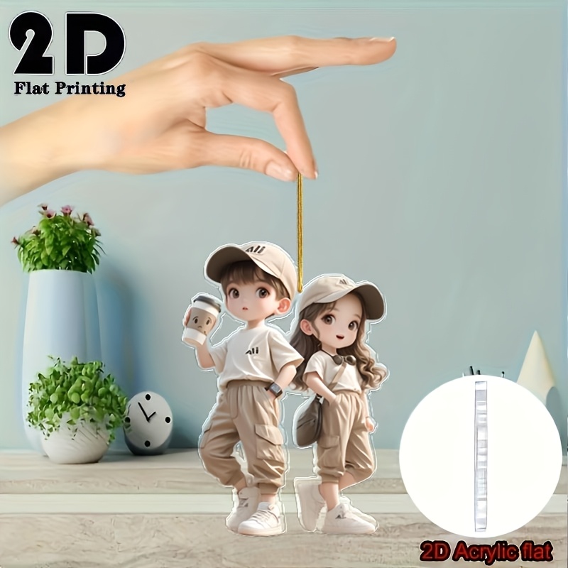 TEMU 2d Flat 1pc Acrylic Cartoon Boy And Girl Pendant, Multi-functional Key Chain Pendant, Car Rearview Mirror Pendant, Backpack Pendant, Home