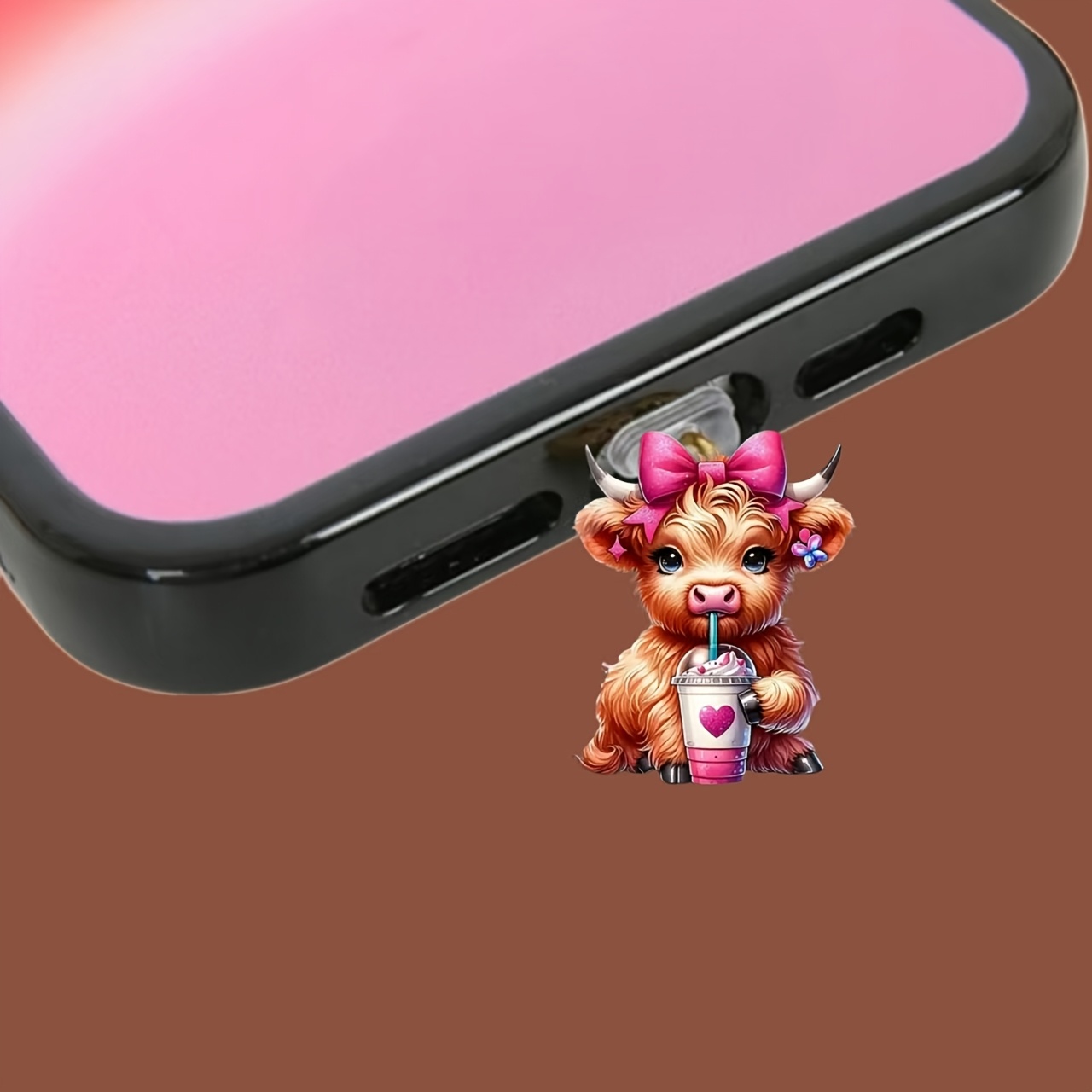 

1pc Pink Highland Cow Acrylic Phone Charm, 2d Dust Plug With , Anti-dirt Mobile Accessory, Material, Decorative Phone Dust Cover