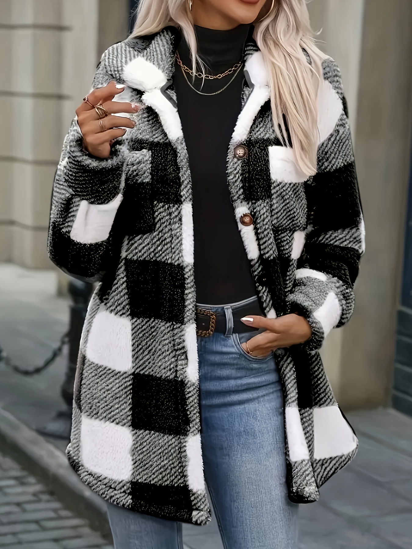 veste en pluche à carreaux   mode transfrontalière pour femme Détails du produit 3