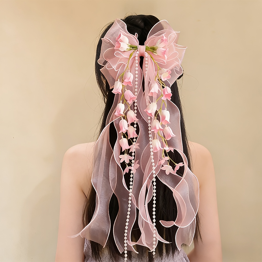 TEMU New Floral Long Ribbon Organza Bow Hair Clip, Fashionable Bohemian Style Large Mesh Ribbon Princess Clip, Suitable For Everyday, Party, And
