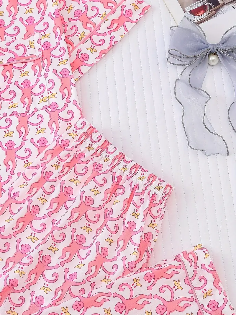 three sets of womens pajamas set womens pajamas set combination knitted fabric short sleeved button top and matching pants full body print collar and pocket details suitable for adult pajamas set Product details 4