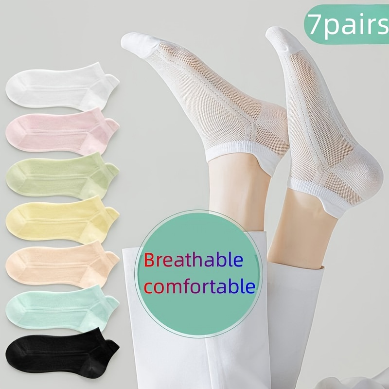 

7 Pairs Solid Pastel Socks, Casual & Breathable Mesh Ankle Socks, Women's Stockings & Hosiery